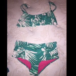 Teal & white palm print swim suit
